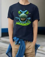 Grumpy Frog Big Eyes Funny Cute Cartoon Graphic T Shirt - model wearing navy tee with hands in pockets