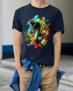 Colorful Cobra Snake Splash Art Bold Graphic T Shirt - model wearing navy tee with hands in pockets