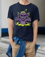 Slime Monster Creepy Cute Cartoon Horror Graphic T Shirt - model wearing navy tee with hands in pockets