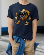 Funny Cowboy Cookie Bandit Cartoon Wild West Graphic T Shirt - model wearing navy tee with hands in pockets