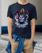 Wicked Joker Jester Smoking Graphic Dark Humor T Shirt - model wearing navy tee with hands in pockets