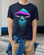 Neon Dripping Mushroom Psychedelic Art Graphic T Shirt - model wearing navy tee with hands in pockets