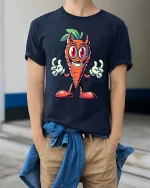 Funny Evil Carrot Cartoon Character Cute Graphic T Shirt - model wearing navy tee with hands in pockets