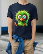 Funny Green Bird Big Eyes Cute Cartoon Graphic T Shirt - model wearing navy tee with hands in pockets