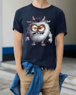 Funny Furry Monster Cartoon Cute Creepy Graphic T Shirt - model wearing navy tee with hands in pockets