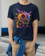 Colorful Spiky Monster Big Eyes Cartoon Graphic T Shirt - model wearing navy tee with hands in pockets