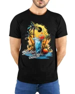 Relax on Beach Cocktail Vibes Summer Graphic T Shirt - model wearing black tee with hands behind back