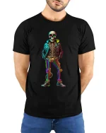 Trendy Skeleton Neon Outfit Streetwear Graphic Tshirt - model wearing black tee with hands behind back