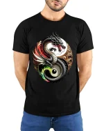 Yin Yang Dragon Balance Symbol Asian Art Graphic T Shirt - model wearing black tee with hands behind back