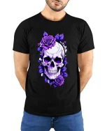 Gothic Skull Purple Roses Dark Floral Art Graphic Tshirt - model wearing black tee with hands behind back