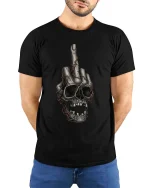 Edgy Skull Middle Finger Dark Humor Graphic Tshirt - model wearing black tee with hands behind back
