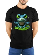 Grumpy Frog Big Eyes Funny Cute Cartoon Graphic T Shirt - model wearing black tee with hands behind back
