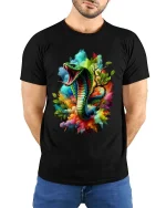Colorful Cobra Snake Splash Art Bold Graphic T Shirt - model wearing black tee with hands behind back