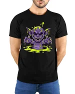 Slime Monster Creepy Cute Cartoon Horror Graphic T Shirt - model wearing black tee with hands behind back