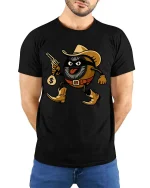 Funny Cowboy Cookie Bandit Cartoon Wild West Graphic T Shirt - model wearing black tee with hands behind back