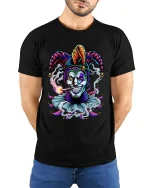Wicked Joker Jester Smoking Graphic Dark Humor T Shirt - model wearing black tee with hands behind back