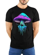 Neon Dripping Mushroom Psychedelic Art Graphic T Shirt - model wearing black tee with hands behind back
