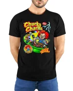 Evil Doll Cereal Parody Dark Humor Graphic T Shirt - model wearing black tee with hands behind back