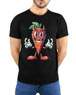 Funny Evil Carrot Cartoon Character Cute Graphic T Shirt - model wearing black tee with hands behind back