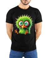 Funny Green Bird Big Eyes Cute Cartoon Graphic T Shirt - model wearing black tee with hands behind back