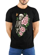 Skull and Flowers Butterfly Dark Aesthetic Graphic Tee - model wearing black tee with hands behind back