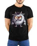 Funny Furry Monster Cartoon Cute Creepy Graphic T Shirt - model wearing black tee with hands behind back