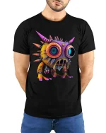 Colorful Spiky Monster Big Eyes Cartoon Graphic T Shirt - model wearing black tee with hands behind back