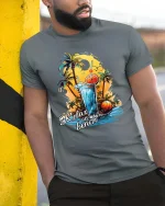 Relax on Beach Cocktail Vibes Summer Graphic T Shirt - model wearing grey tee, leaning on column