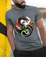 Yin Yang Dragon Balance Symbol Asian Art Graphic T Shirt - model wearing grey tee, leaning on column
