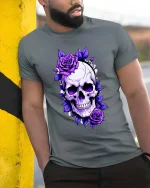 Gothic Skull Purple Roses Dark Floral Art Graphic Tshirt - model wearing grey tee, leaning on column