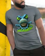 Grumpy Frog Big Eyes Funny Cute Cartoon Graphic T Shirt - model wearing grey tee, leaning on column
