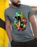 Colorful Cobra Snake Splash Art Bold Graphic T Shirt - model wearing grey tee, leaning on column