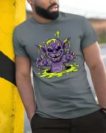 Slime Monster Creepy Cute Cartoon Horror Graphic T Shirt - model wearing grey tee, leaning on column
