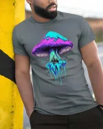 Neon Dripping Mushroom Psychedelic Art Graphic T Shirt - model wearing grey tee, leaning on column