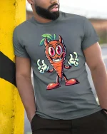 Funny Evil Carrot Cartoon Character Cute Graphic T Shirt - model wearing grey tee, leaning on column