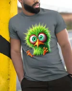 Funny Green Bird Big Eyes Cute Cartoon Graphic T Shirt - model wearing grey tee, leaning on column