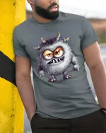 Funny Furry Monster Cartoon Cute Creepy Graphic T Shirt - model wearing grey tee, leaning on column