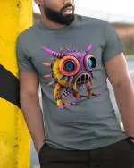 Colorful Spiky Monster Big Eyes Cartoon Graphic T Shirt - model wearing grey tee, leaning on column