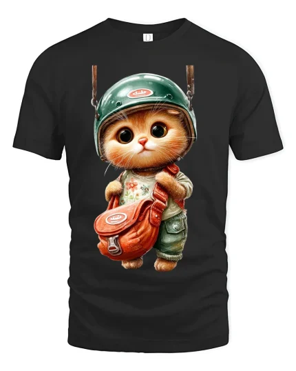 Cute Kitten Pilot Helmet Graphic T Shirt Adventure Tee - black t-shirt on white background