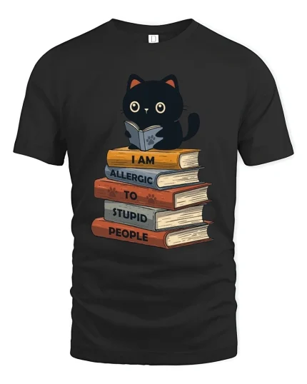 Funny Black Cat Reading Books Graphic T Shirt Tee - black t-shirt on white background