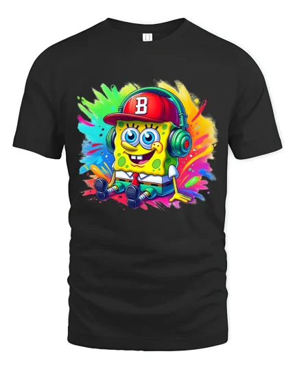 Funny Sponge Cartoon With Headphones Graphic T Shirt Tee - black t-shirt on white background