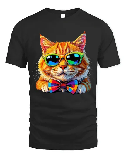 Cool Cat With Sunglasses And Bow Tie Graphic T Shirt Tee - black t-shirt on white background