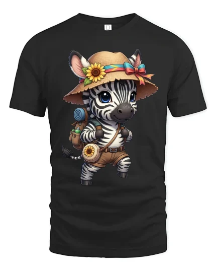 Cute Zebra Explorer With Sunflower Graphic T Shirt Tee - black t-shirt on white background