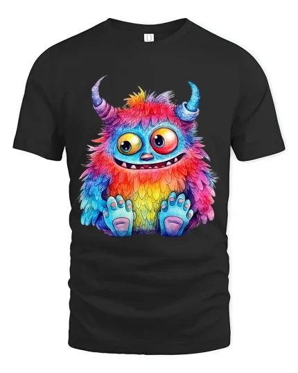 Cute Rainbow Monster Cartoon Graphic T Shirt Tee - black t-shirt on white background