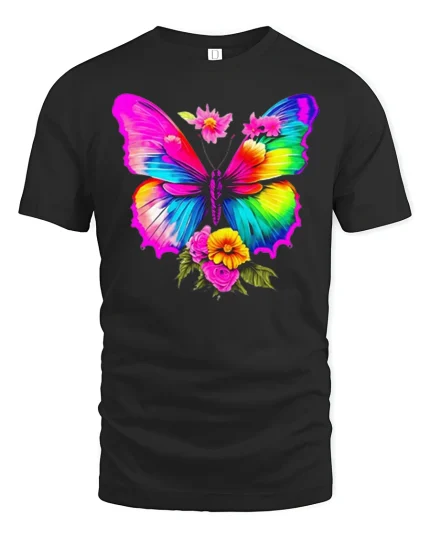 Colorful Rainbow Butterfly Floral Graphic T Shirt Tee - black t-shirt on white background