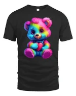 Cute Rainbow Teddy Bear With Heart Graphic T Shirt Tee - black t-shirt on white background