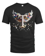 Elegant Letter T With Angel Wings Graphic T Shirt Tee - black t-shirt on white background