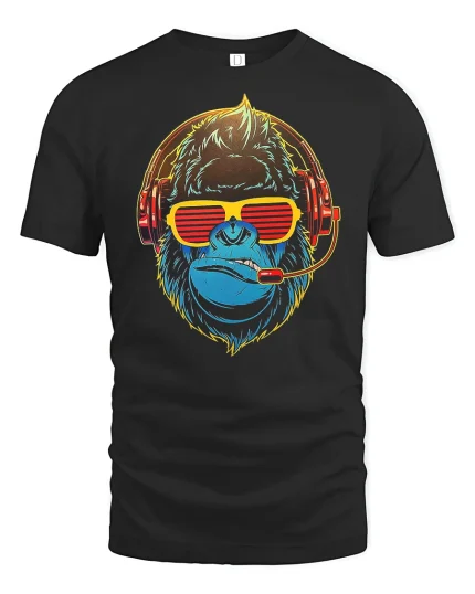 Cool Gamer Gorilla With Headset Graphic T Shirt Tee - black t-shirt on white background