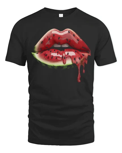 Watermelon Lips Drip Art Graphic T Shirt Tee - black t-shirt on white background