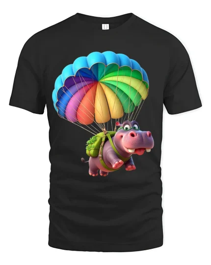 Funny Skydiving Hippo Graphic T Shirt Cute Cartoon Tee - black t-shirt on white background